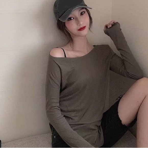 Sexy top long sleeve t-shirt basic slit sheer army green black white - Picture 16 of 16